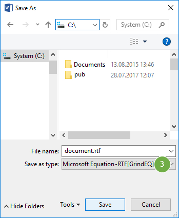 Save as type: Microsoft Equation - RTF [GrindEQ] (*.rtf)